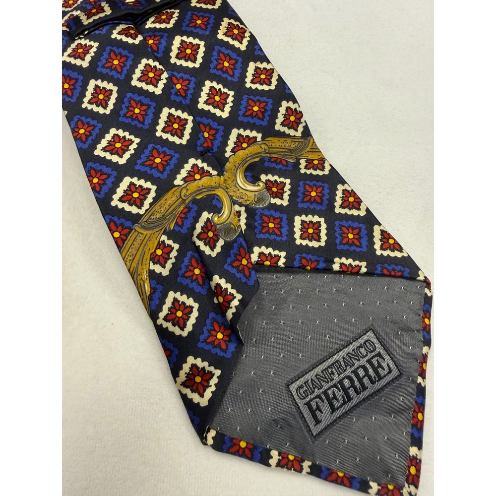 Gianfranco Ferre Silk Tie Blue Italy EUC Geometric Baroque Luxury Vintage - Picture 4 of 4